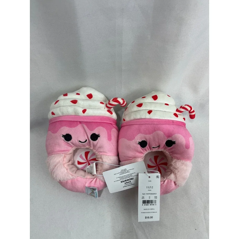 Squishmallows Peppermint Hot Cocoa Plush Slippers Pink Kids Size 11/12 NWT